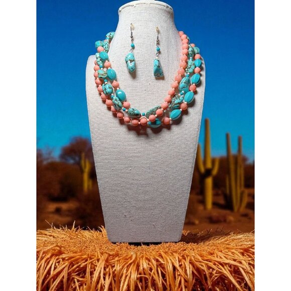 3 Strand Blue Howlite Pink Glass Beads w/ Matching Dangle Drop Earrings Set 16" - Picture 1 of 9